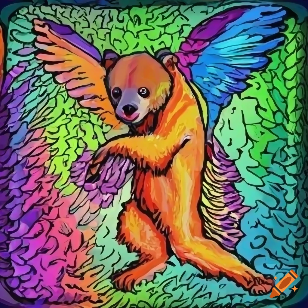 Flying manga bear with rainbow wings and unique eye texture