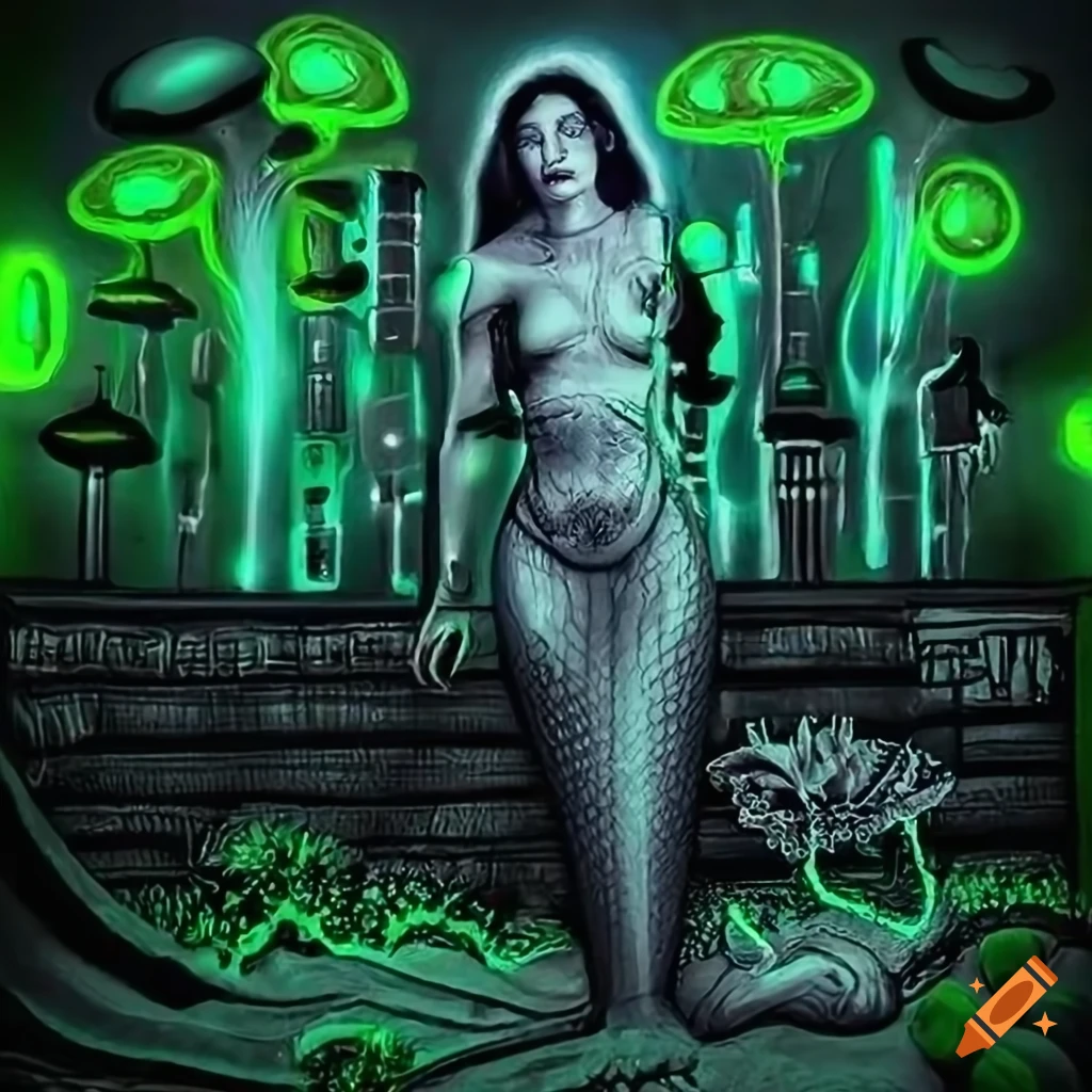 Biopunk cityscape with green moss, plants, mushrooms, and cyborg mermaid goddesses