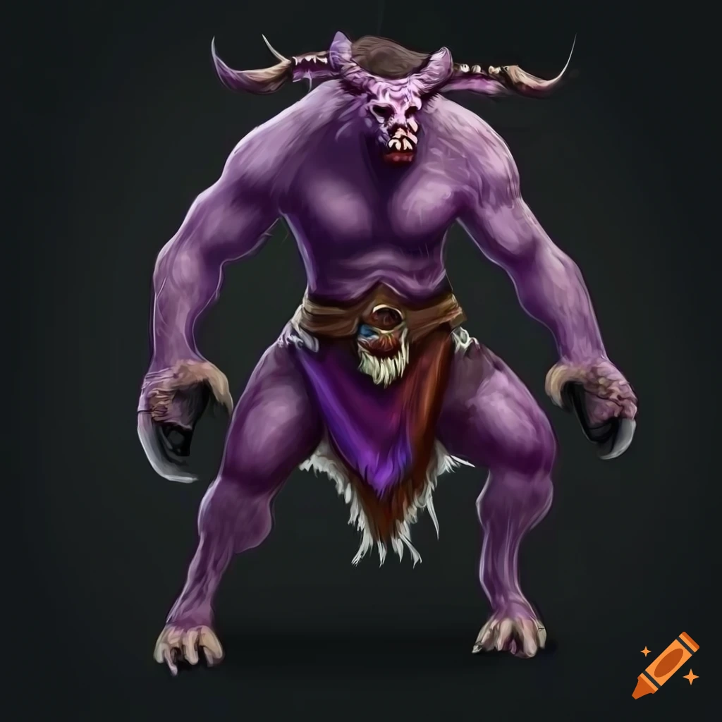 Purple-furred minotaur-like shaman with wolf-like face and red eyes