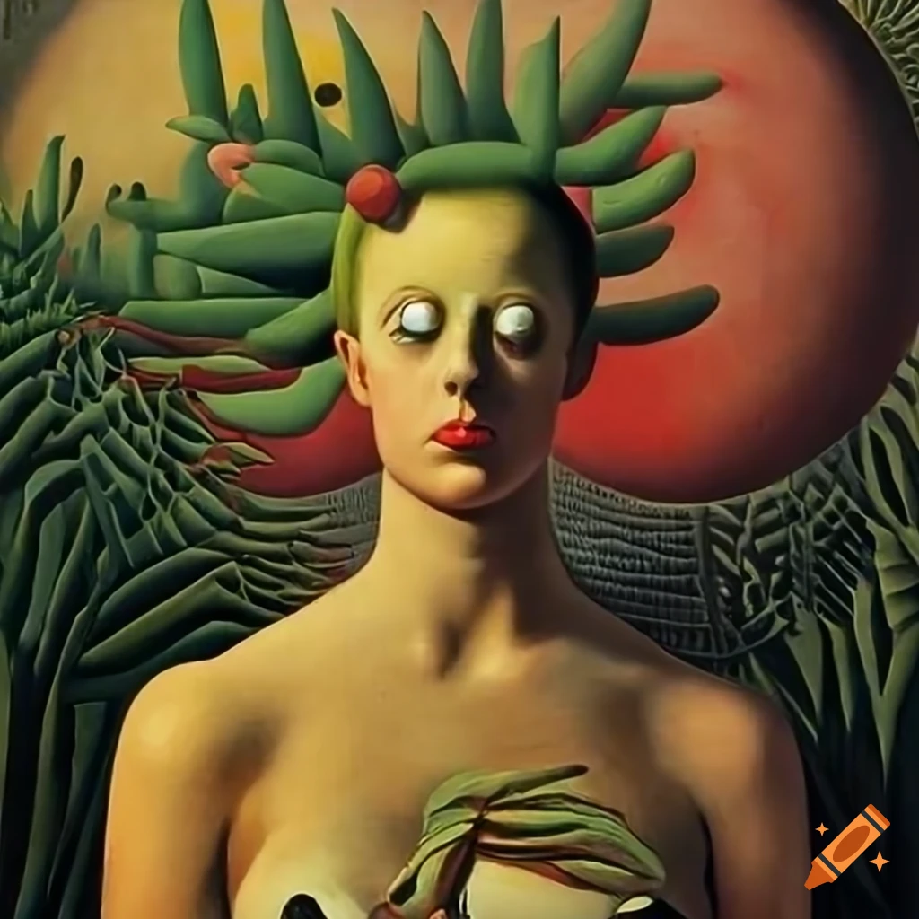 4k circus Science Fiction pulp magazine cover featuring a nonbinary human in a garden maze inspired by Rene Magritte's art