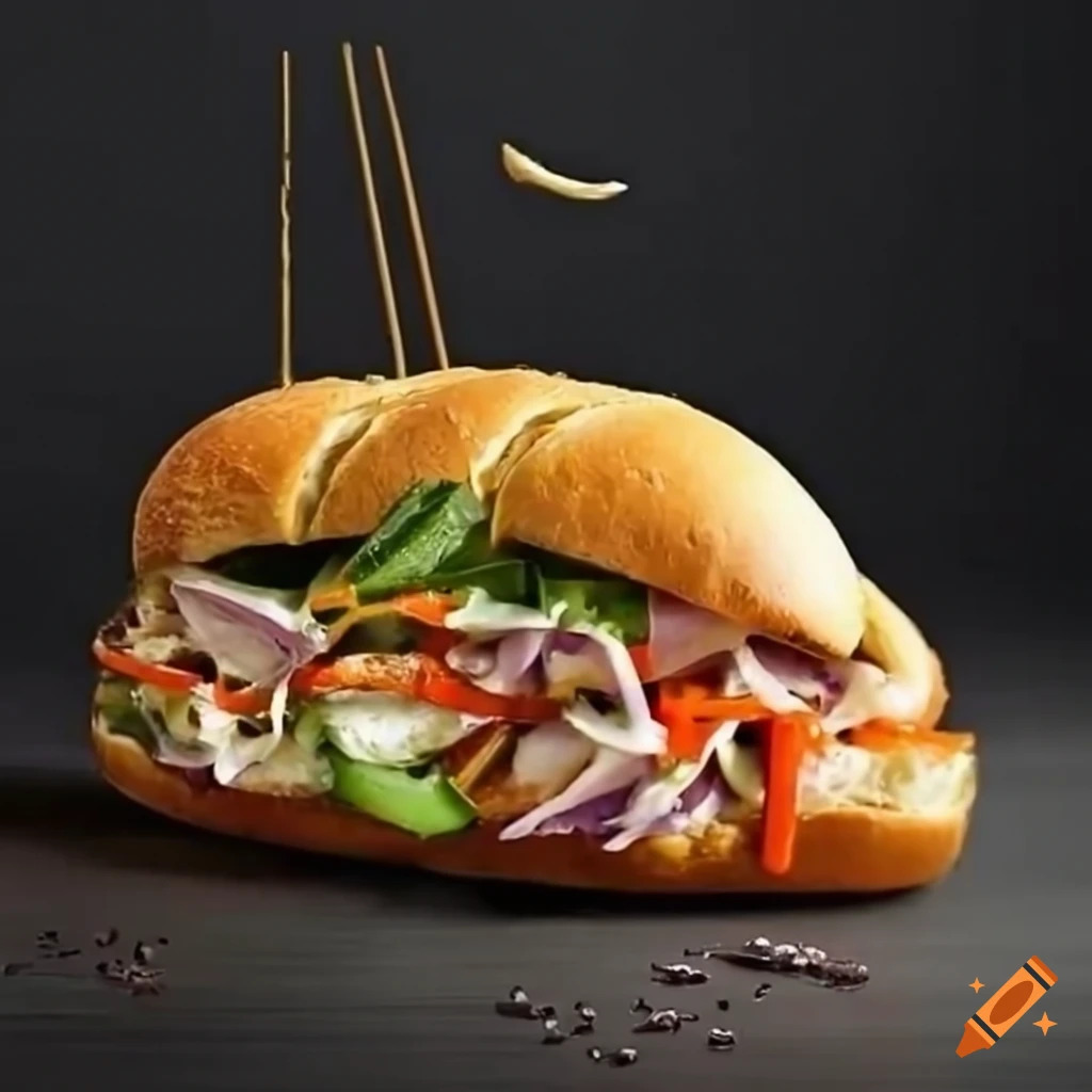 Delicious banh mi sandwich with baguette, grilled pork, pickled carrots, cucumber, and sauces
