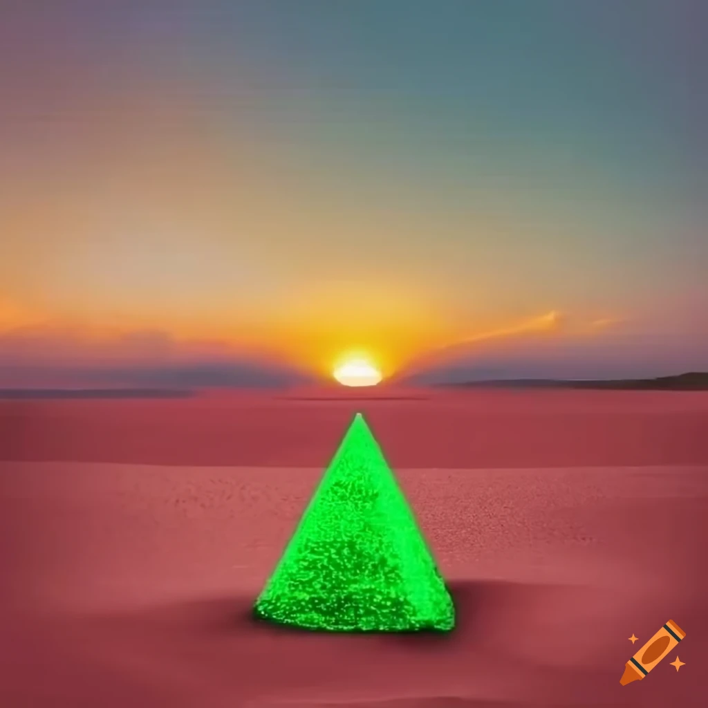 Enchanting sunset with a glowing green pyramid on a red sand beach
