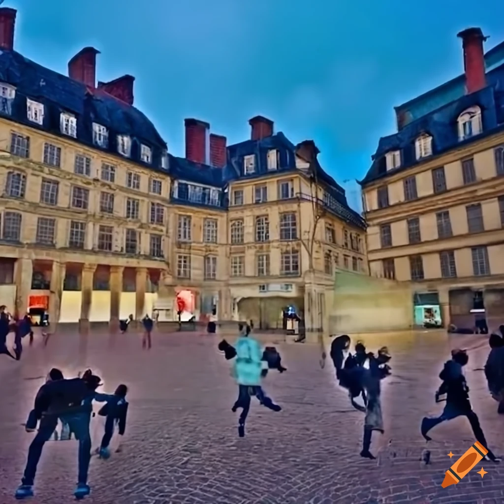 Aerial view of a bustling public square in Rennes with students and 'IGR' letters