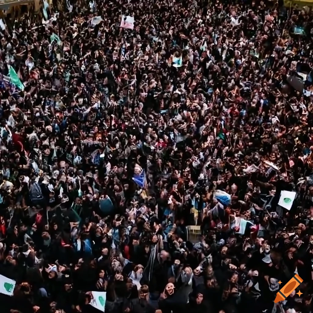 Crowd in Damascus holding flags and banners in Arabic and English, aerial view