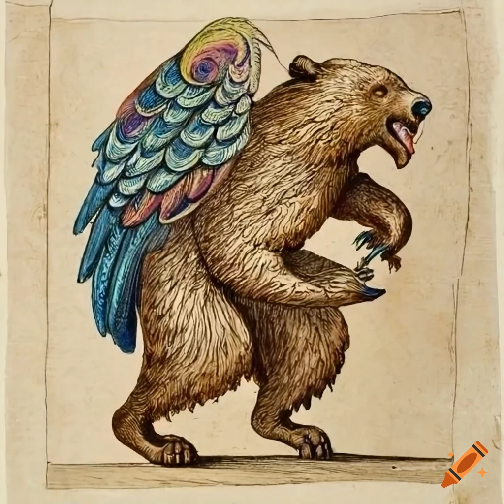 16th-century heraldic emblem wood carving of a bear with blue fur and rainbow peacock wings