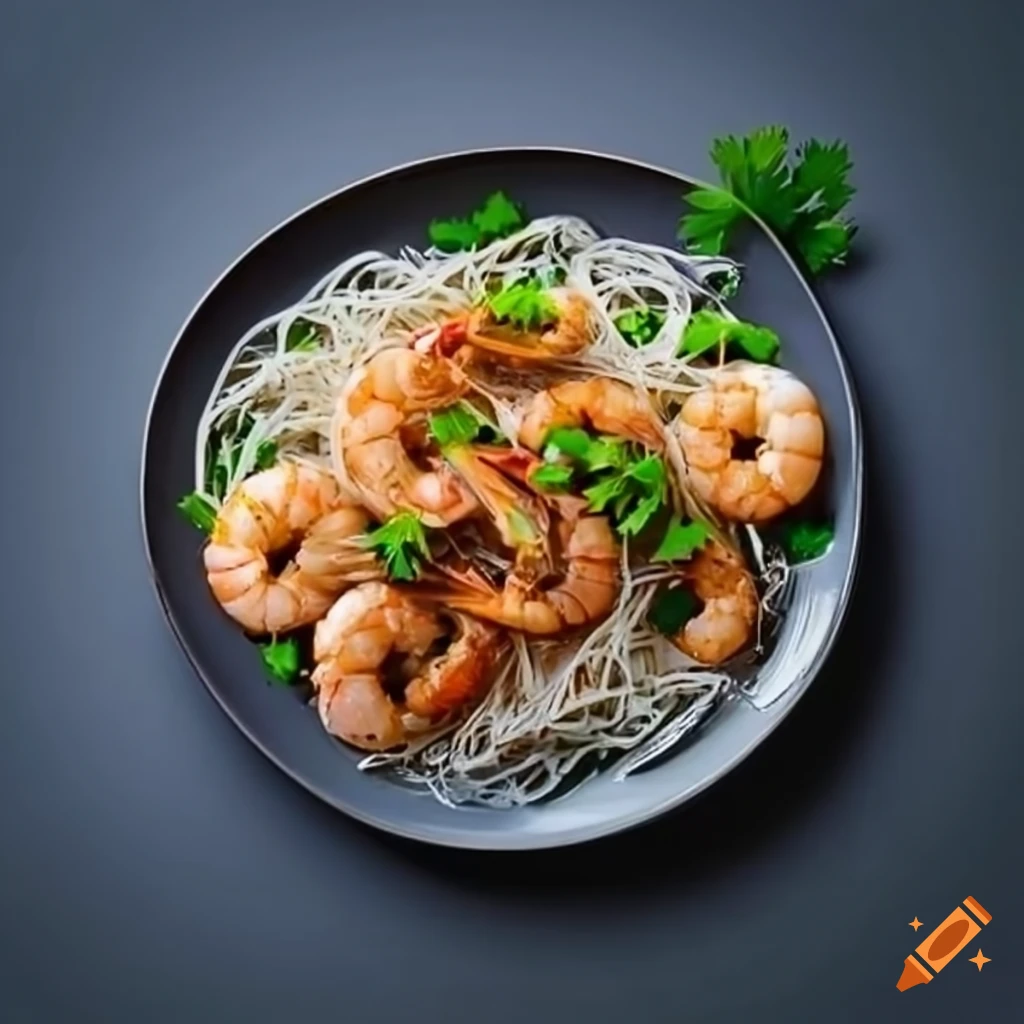 Steam garlic soy prawns with vermicelli, ginger mince, and coriander garnish
