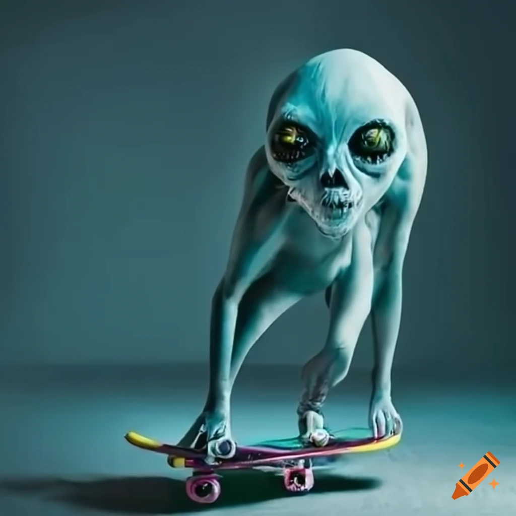Ghostly monster alien on a skateboard in a surfing pose