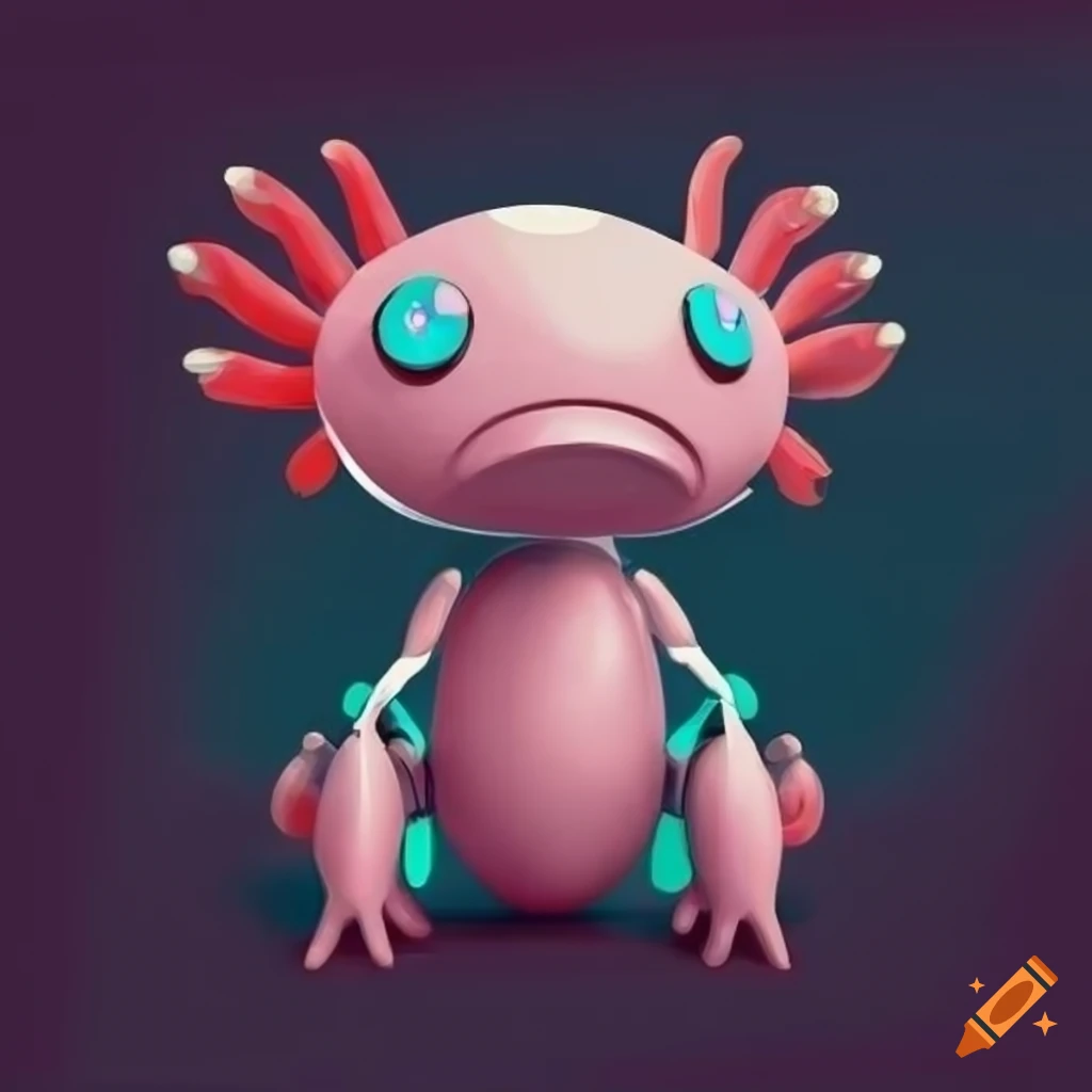 Cutesy robot character with axolotl motif in softly rendered style