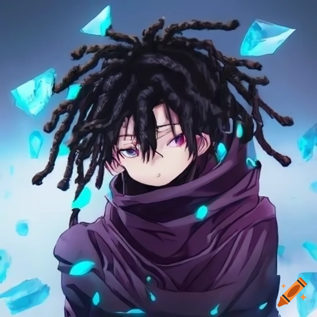 Anime character with black boy in hoodie and dreads exhibiting ice powers