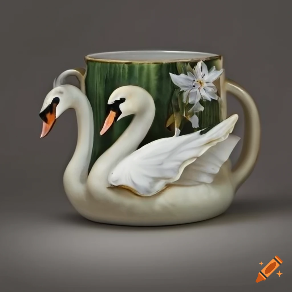 Victorian-style mug with Swan Lake design and snow-kissed lilies