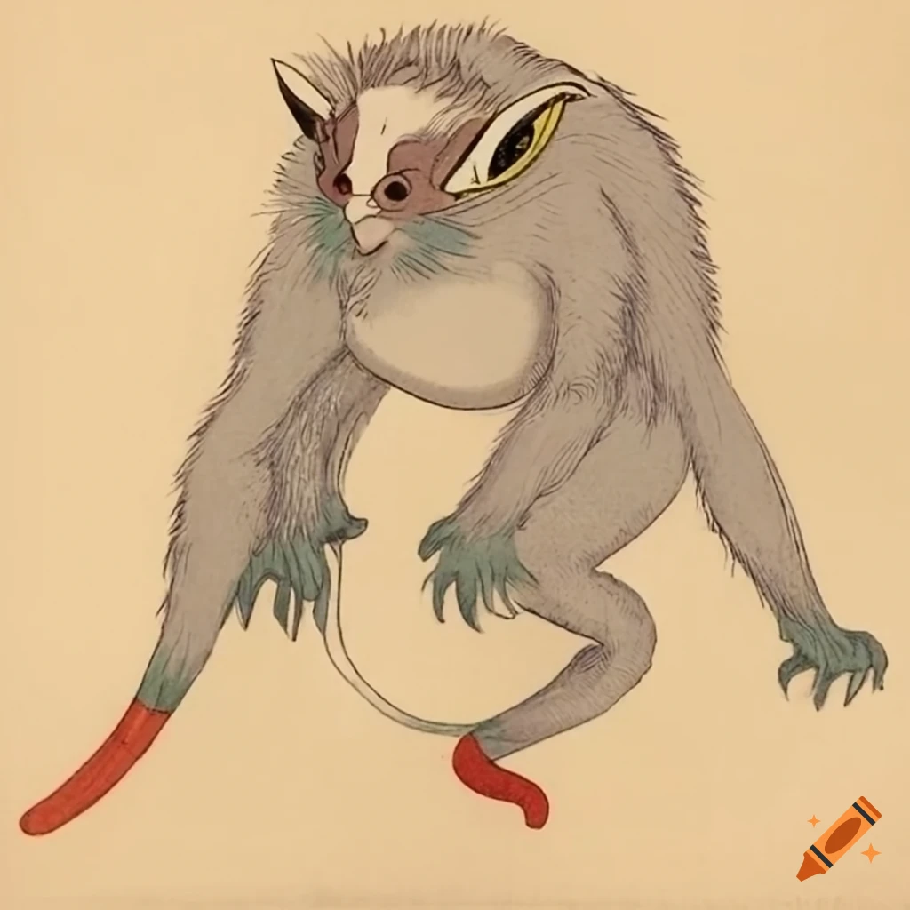 Cute yokai creature with feline head and monkey body in realistic ukiyoe style