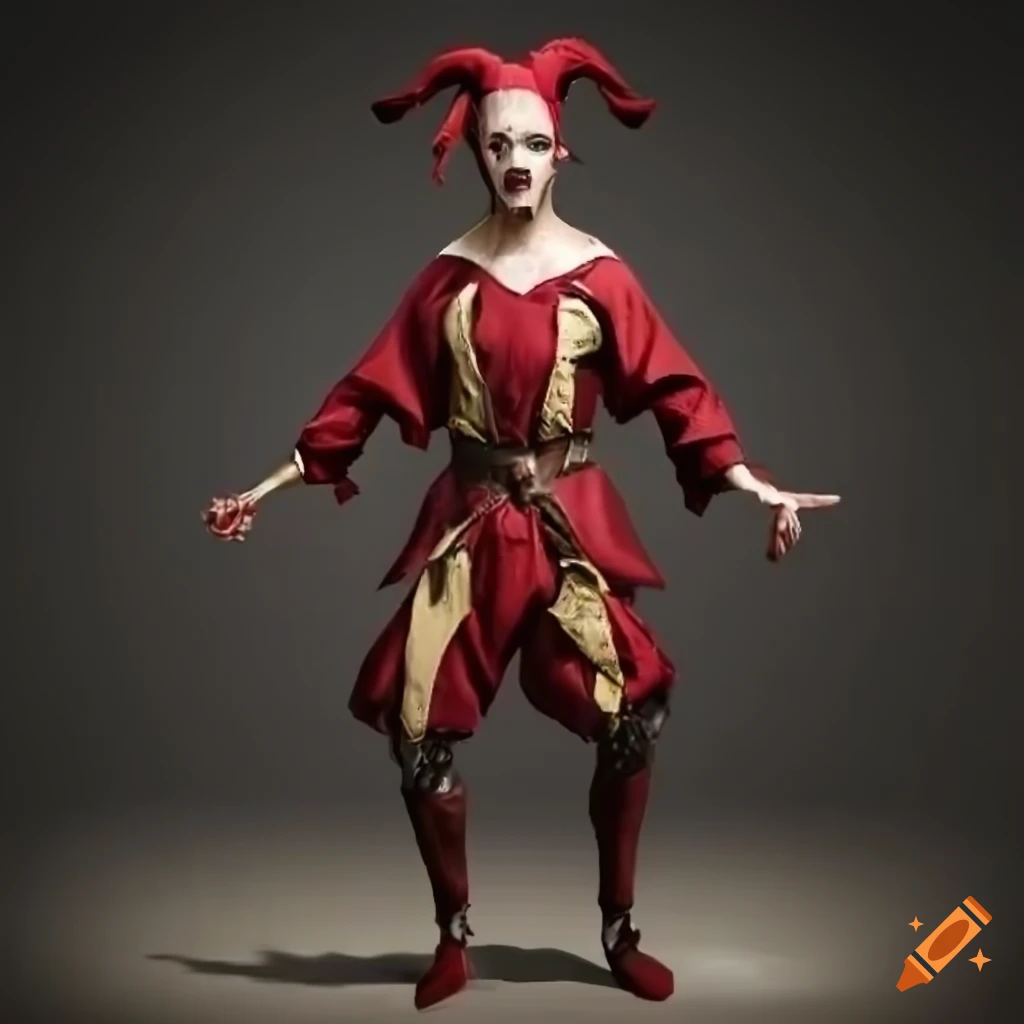 Short burly jester t-posing in a medieval fantasy setting