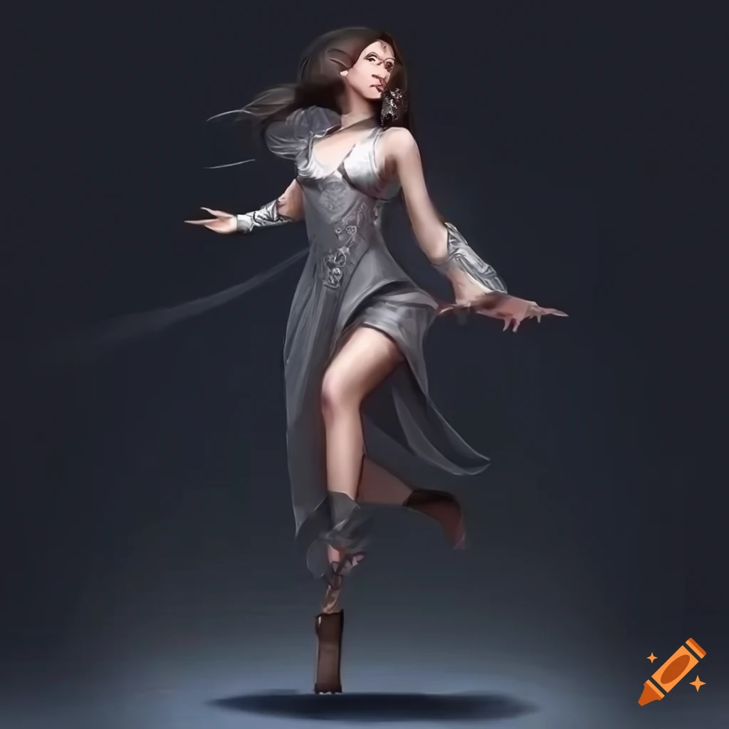 Woman with brown hair in a short silver dress flying in a fantasy setting