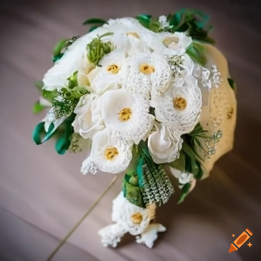 Crocheted bridal bouquet with white flowers and greenery on Craiyon