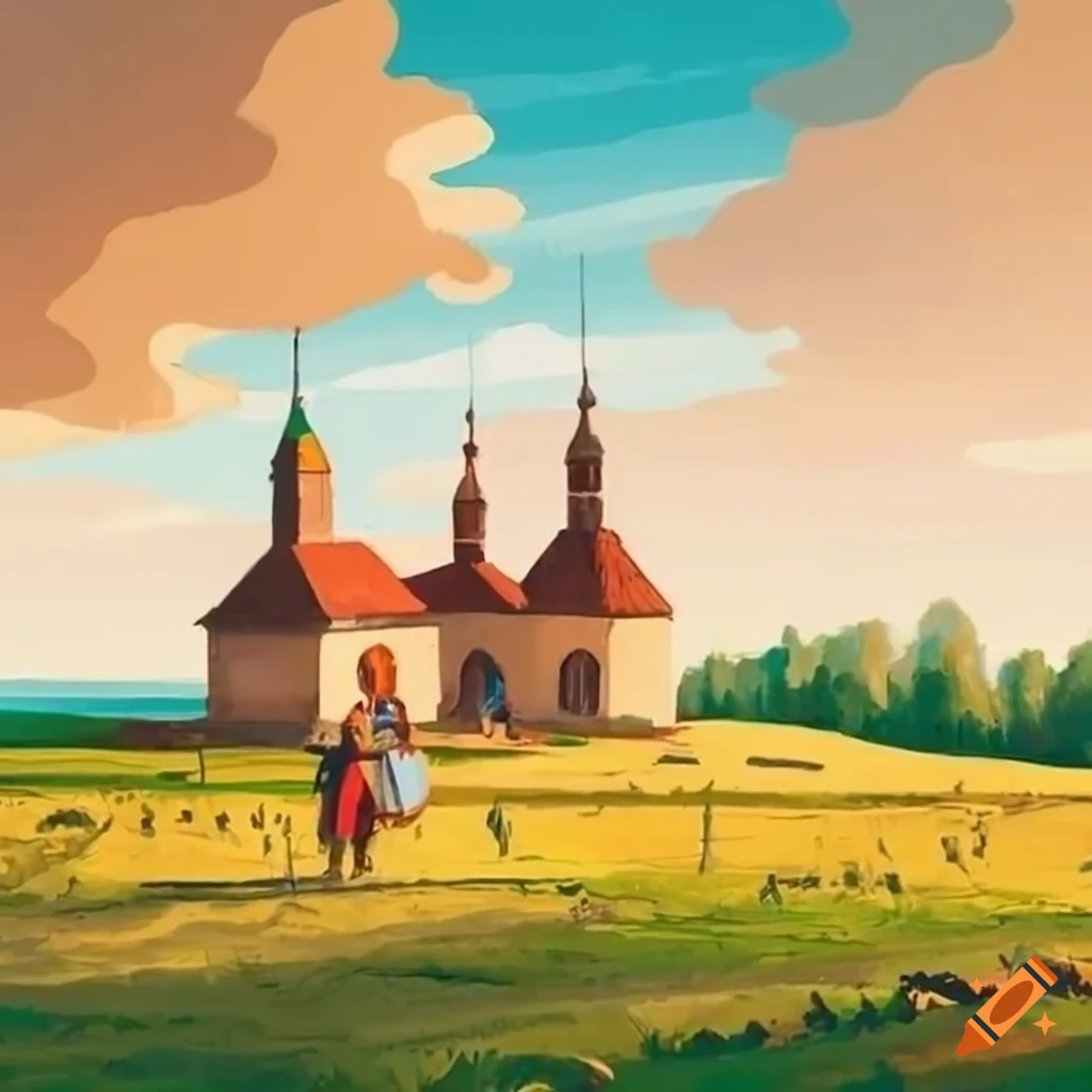 Old Ukrainian village with people in national clothes in a child's drawing