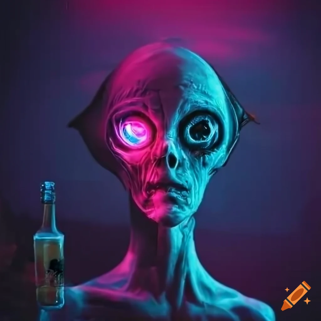 Ghostly alien in a cyberpunk city at night with a beer bottle under neon light