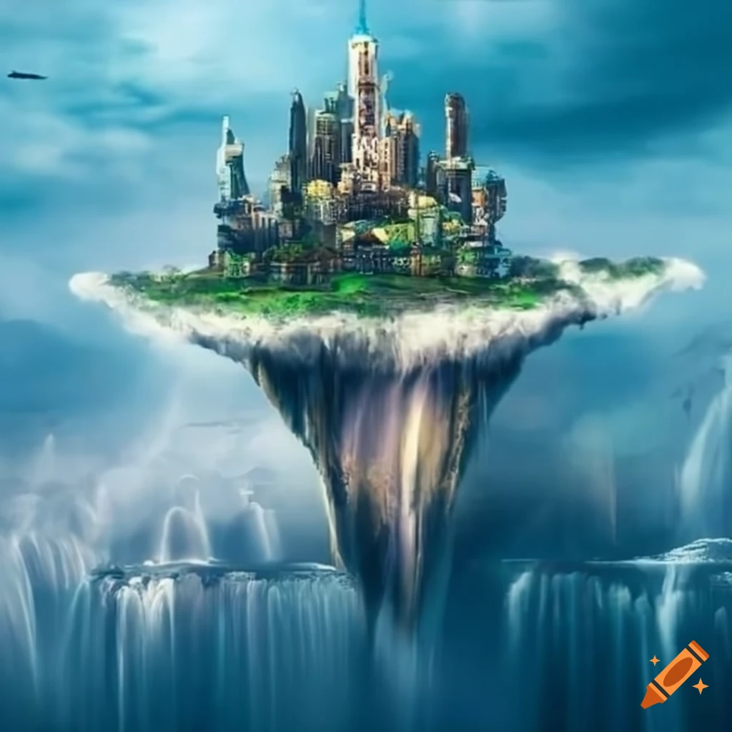 Fantasy city on a floating island in the clouds with waterfalls on Craiyon