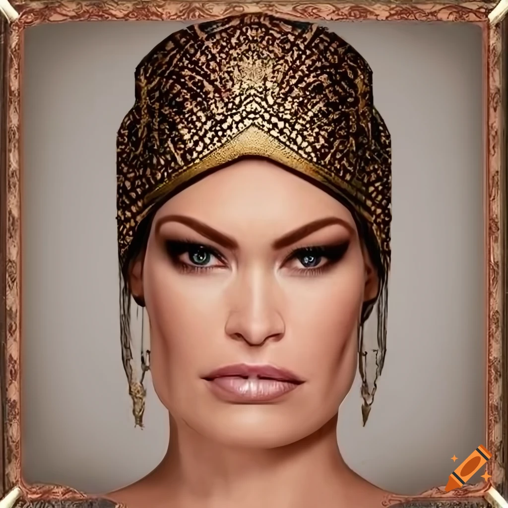 Portrait of Kimberly Guilfoyle in ancient Persian Garb with art deco style
