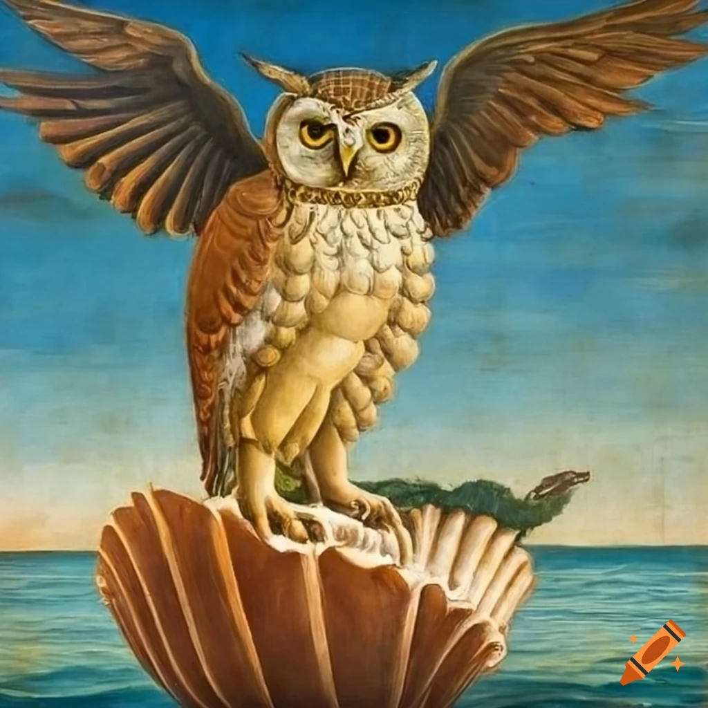Owl on a shell at the beach with angels in Botticelli style