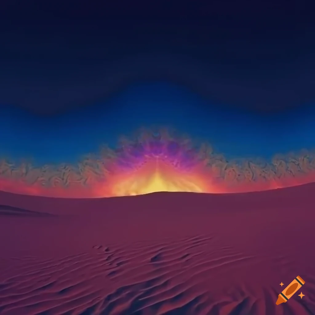 Nighttime desert landscape with multicolor fractal sky