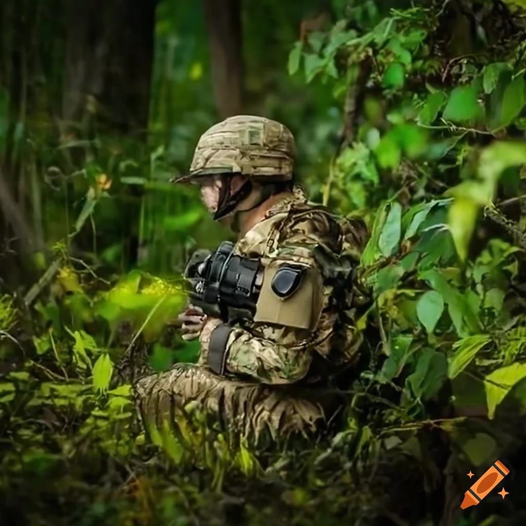 Soldier camouflaged in a bush