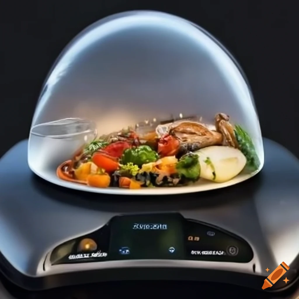 Futuristic microwave oven with glass dome shaped like dinner platter