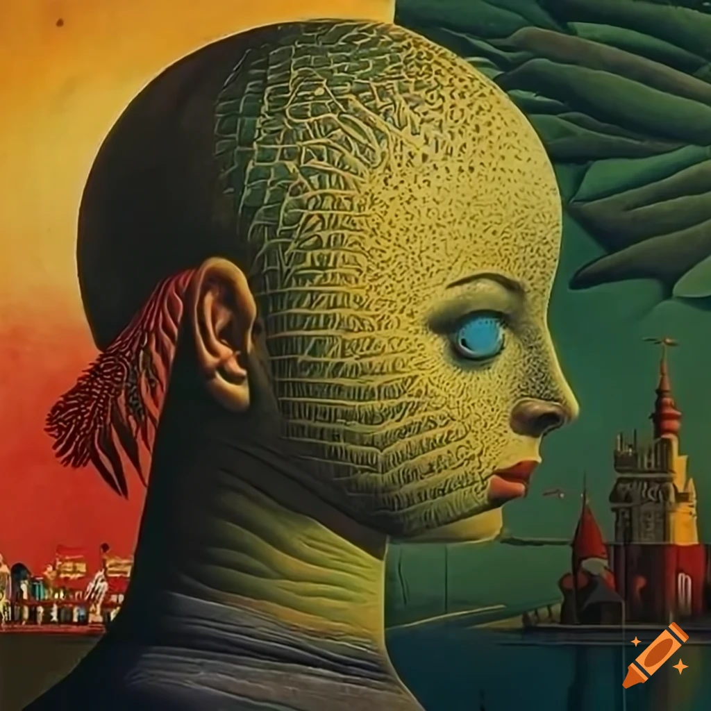 Circus Science Fiction pulp magazine cover featuring a nonbinary human in a garden maze by Rene Magritte