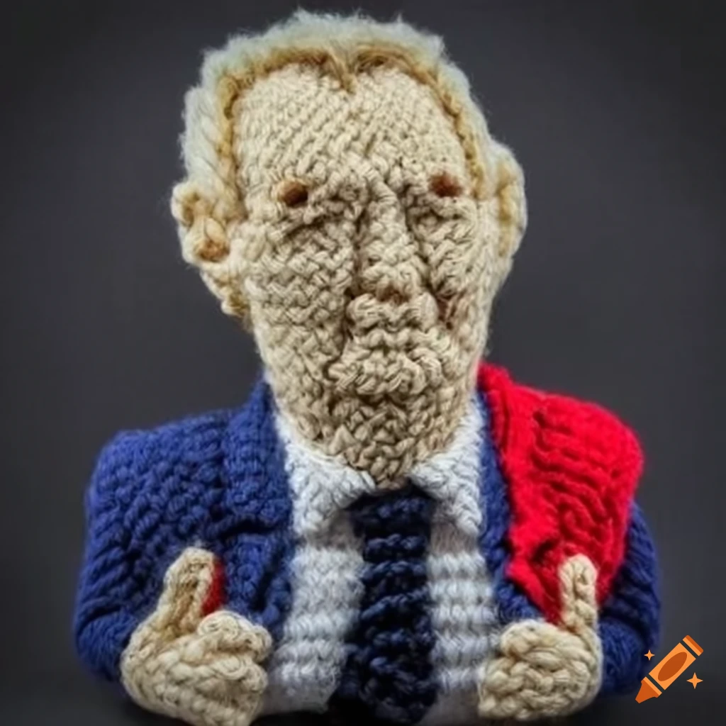Intricately detailed knitted figure of a former Czech politician