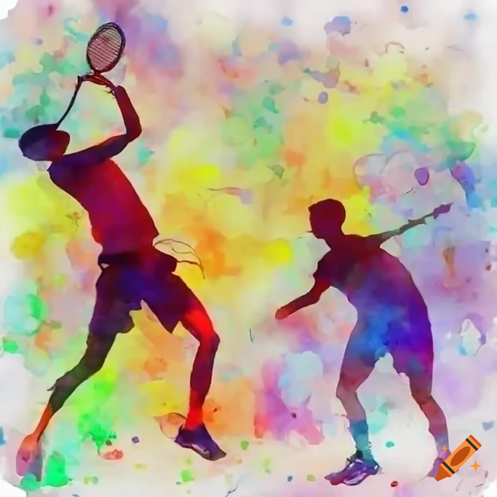 Brightly-colored badminton court with players in action