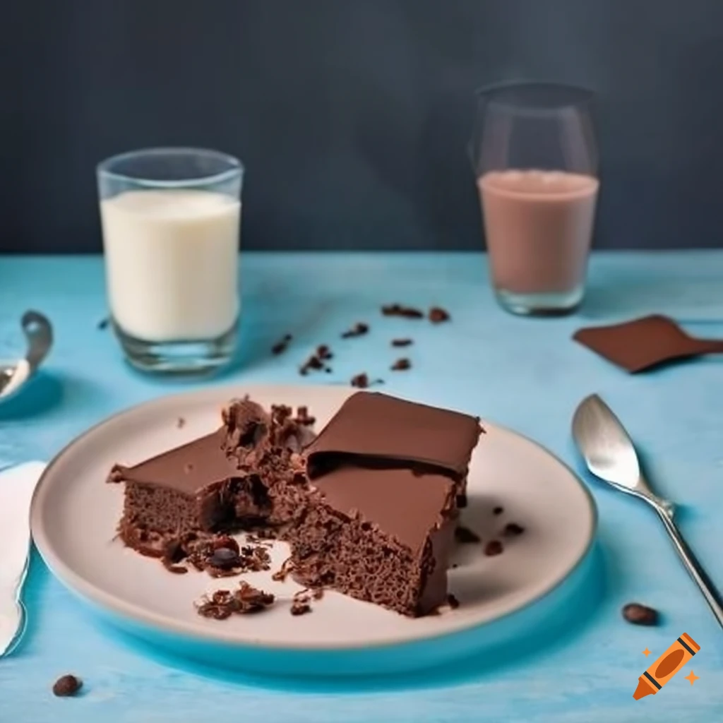 Serene table setting with chocolate cake crumbs and milk glass on blue table