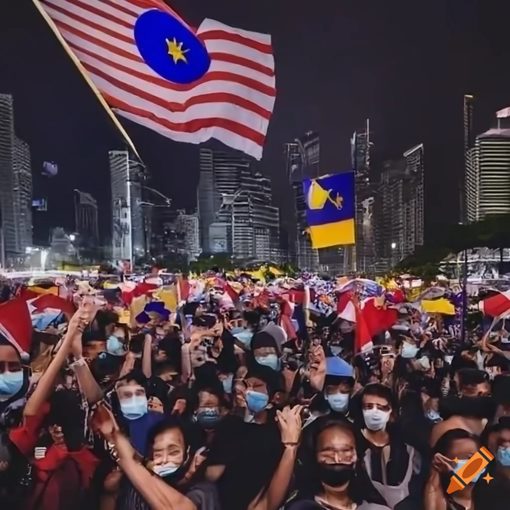 Crowd protesting in Kuala Lumpur at night with Malaysian and Barisan Nasional flags