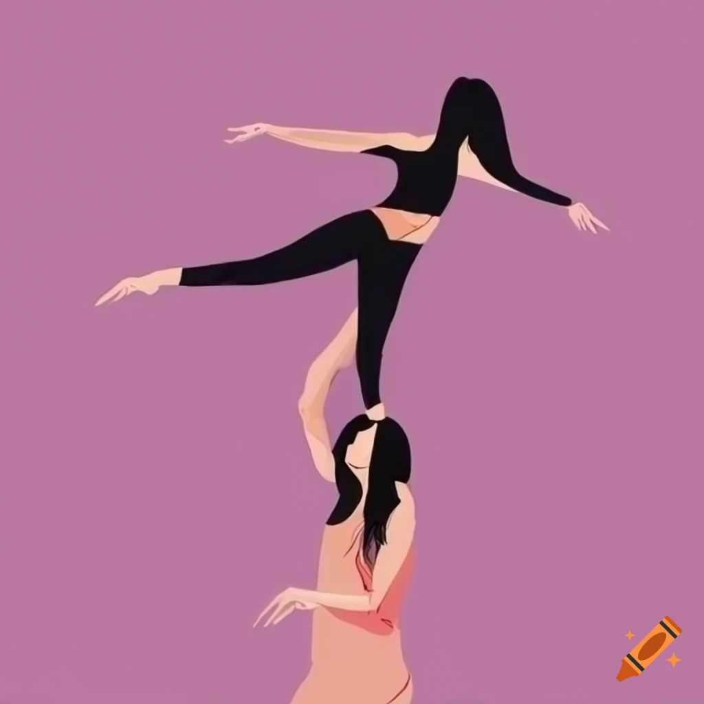 Minimalistic vector artwork of two women performing acrobatics