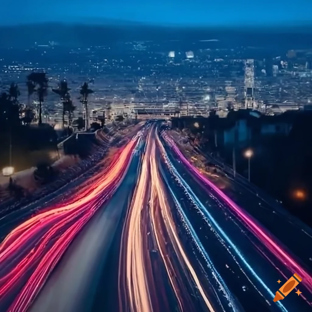 Traffic jam on L.A. freeway with light trails and one relaxed car