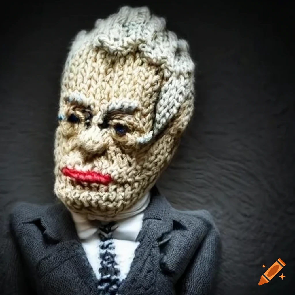 Intricately knitted figure of former Czech politician Milos Zeman