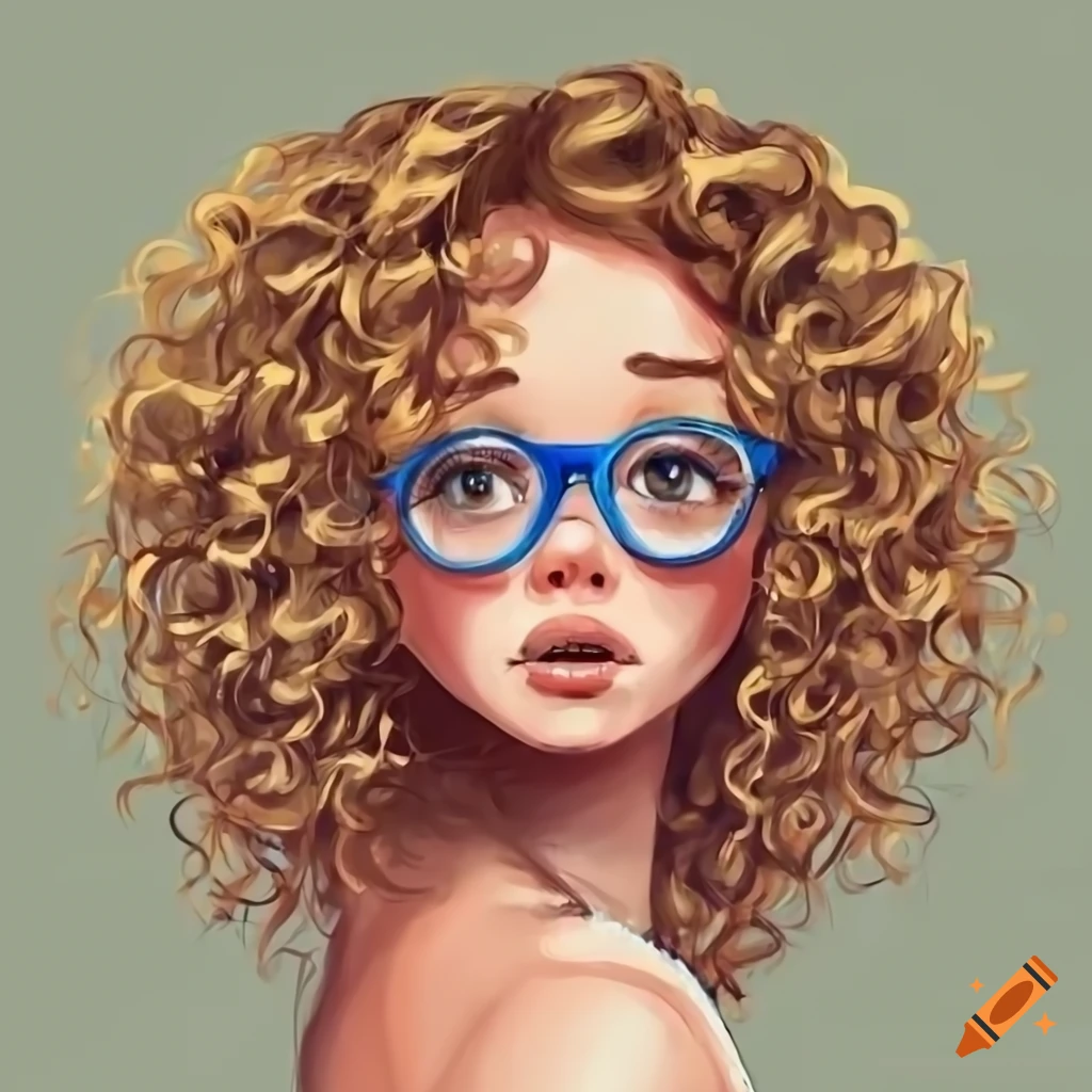 Fair-haired girl with chestnut hair and blonde highlights, brown eyes wearing blue glasses