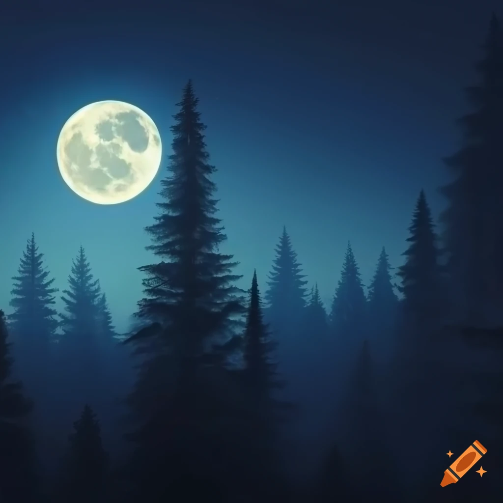 Nighttime forest landscape with a big full moon on Craiyon
