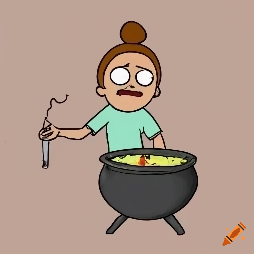 Blonde boy with man bun mixing potion in a cauldron