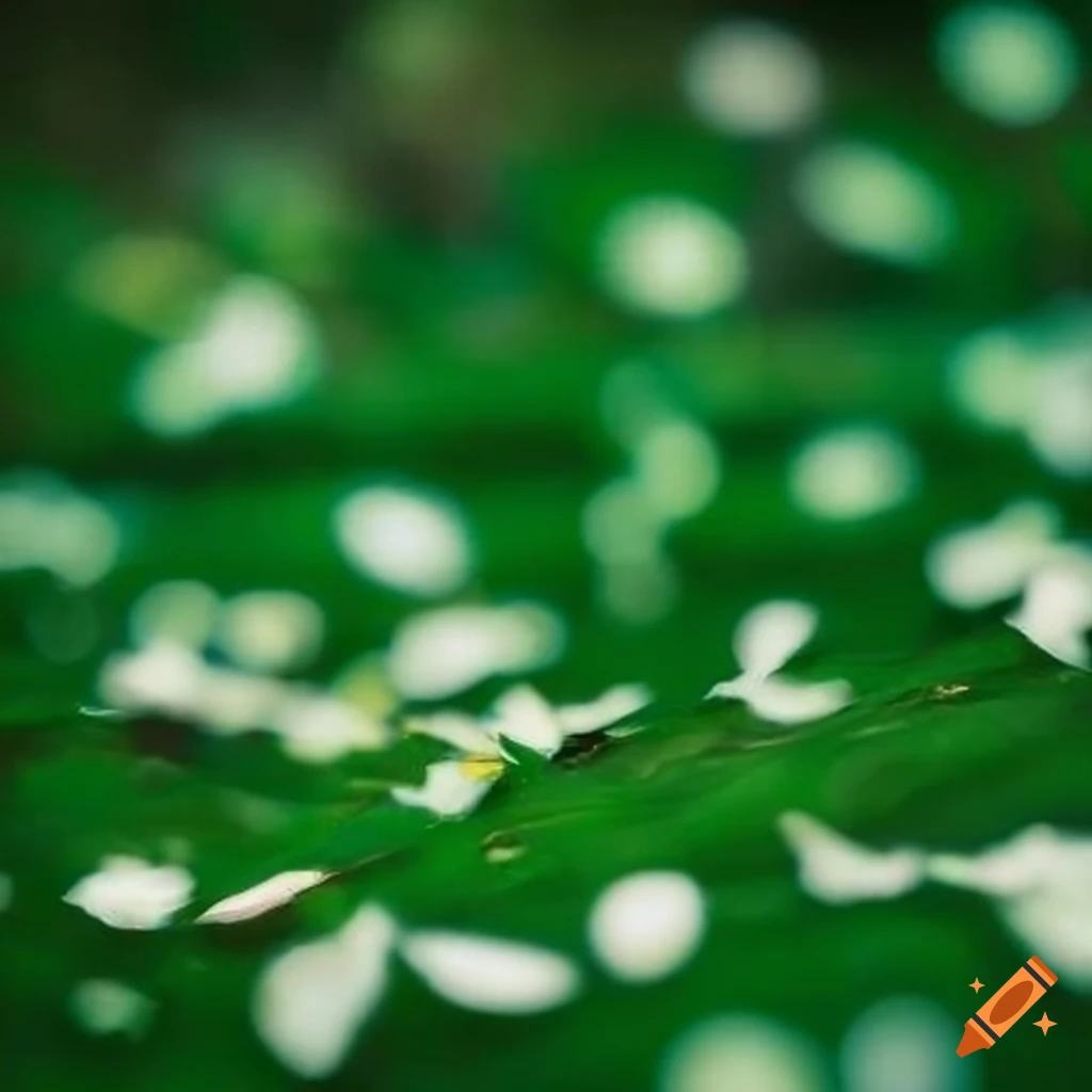 Many small white petals scattered on a green background