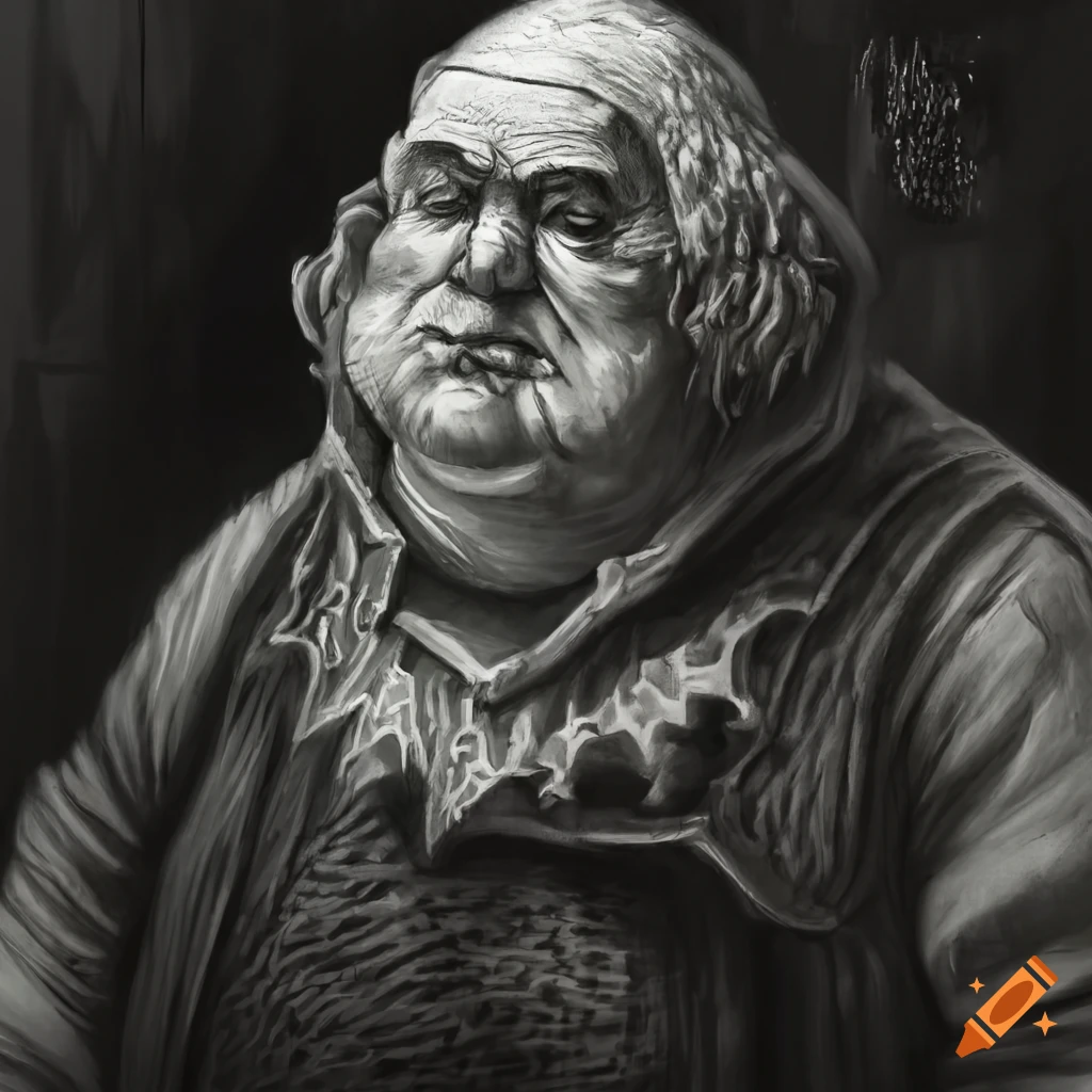 Portrait of a merchant in a fantasy Dungeons & Dragons setting, black and white etching by Gary Chalk