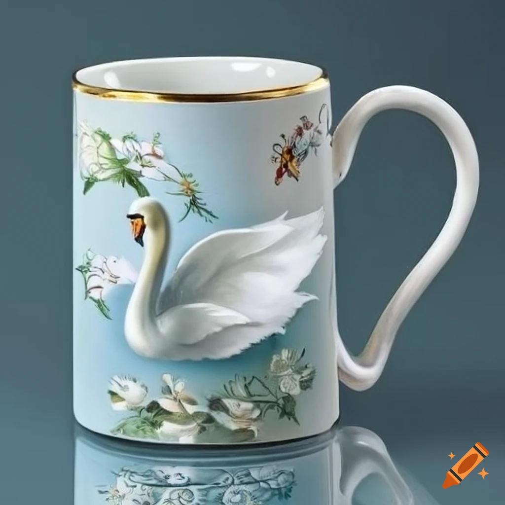 Victorian-style mug with Swan Lake design and snow-kissed lilies