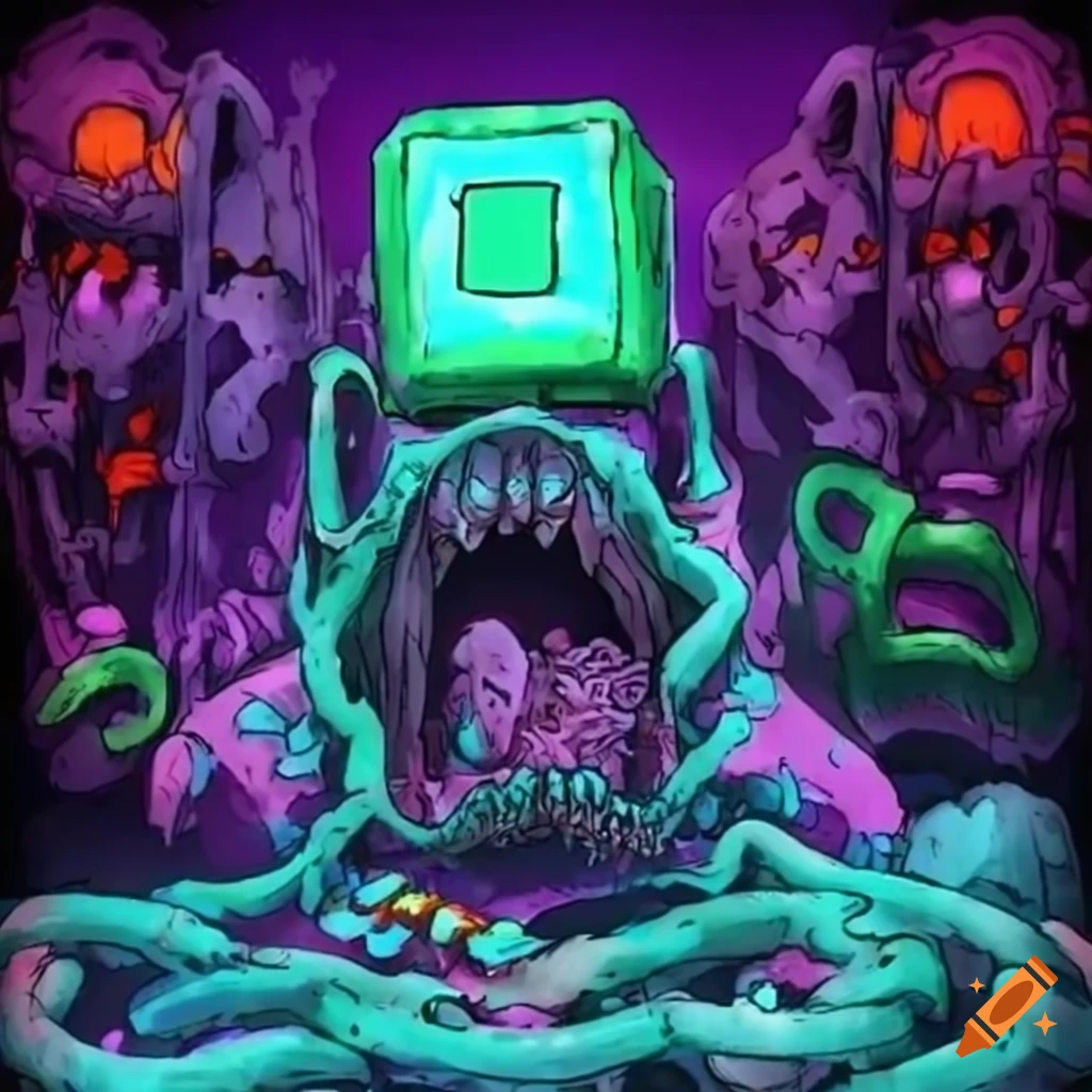 Fantasy band in dungeon acid pit with gelatinous cube and lightning on