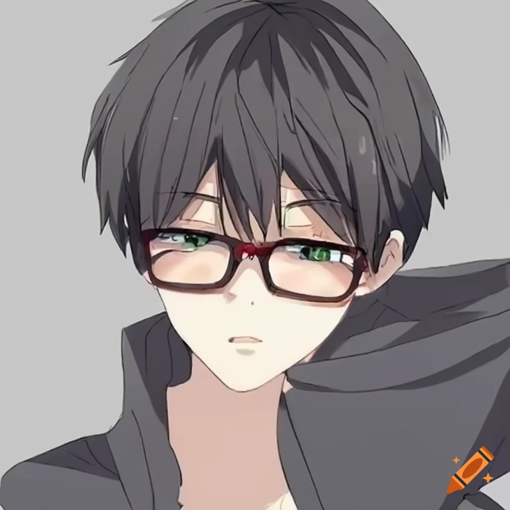 Cute anime boy wearing glasses and looking shy