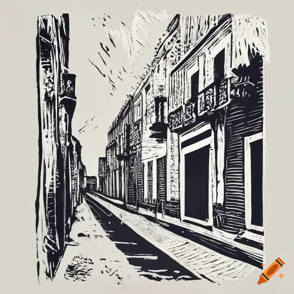 Linocut print of the streets of Campeche, Mexico in black and white