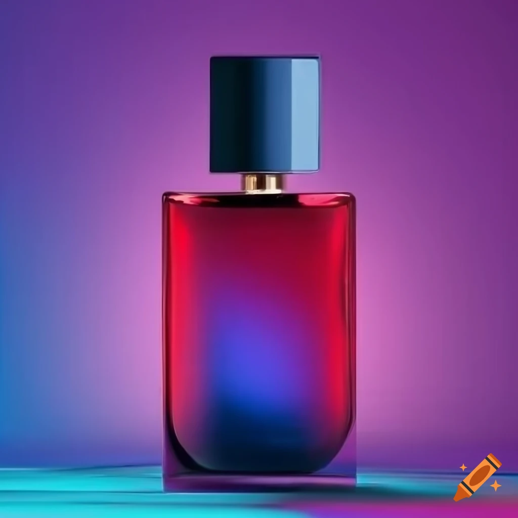 Perfume bottle with red and blue design in innovative packaging