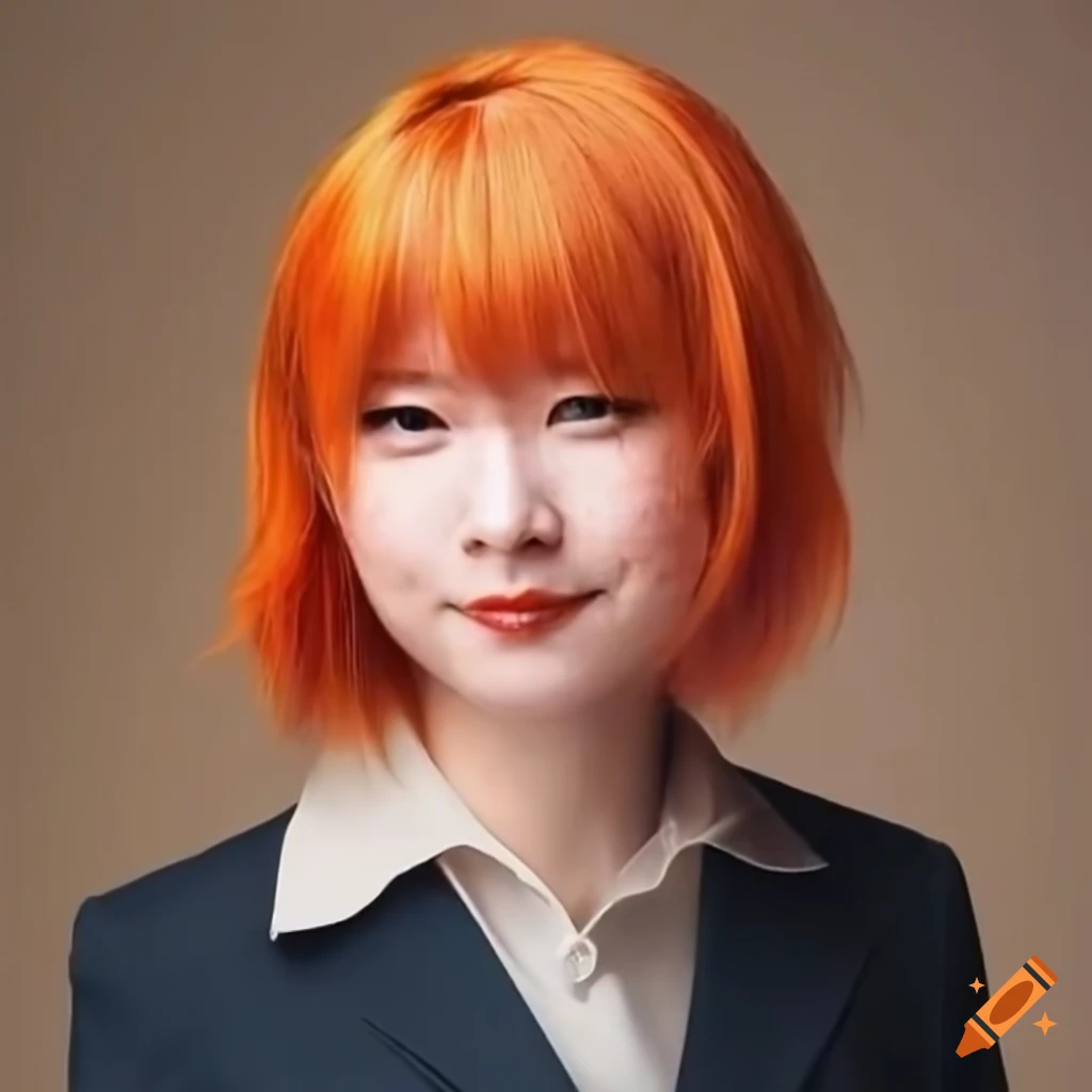 Woman with orange hair, fair skin, and freckles in business attire giving a public speech