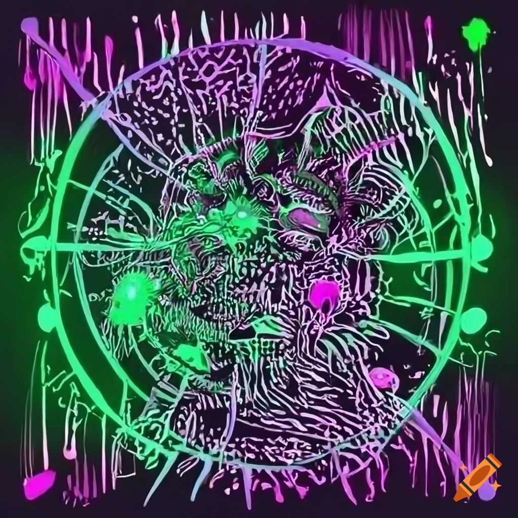 Glowing biopunk Venus flytrap creature in a moss-covered cityscape with cybernetic technology