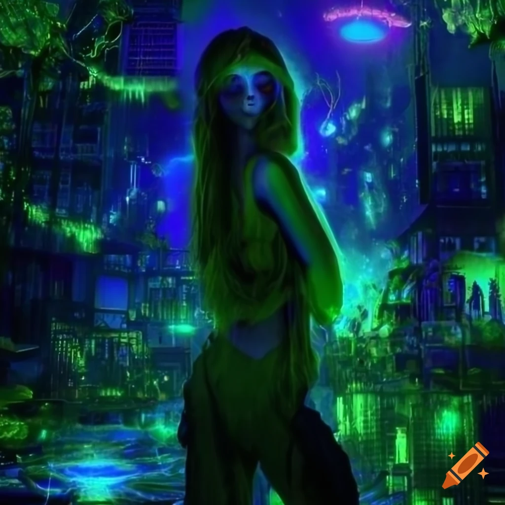 Glowing biopunk cityscape with green moss, plants, mushrooms, and cyborg goddesses