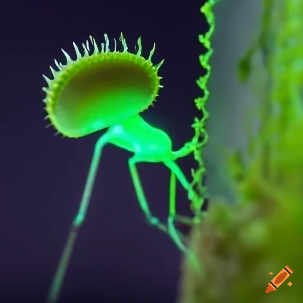 Glowing biopunk Venus flytrap creature in a futuristic cityscape
