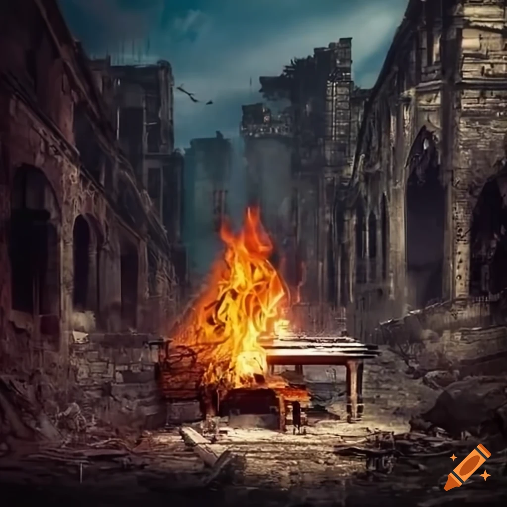 Grand piano burning in post-apocalyptic city ruins