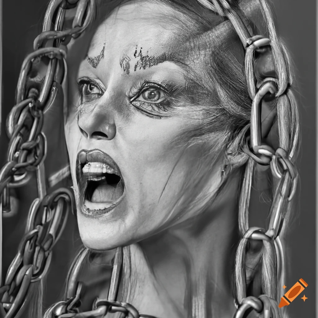 Woman screaming at closed borders surrounded by chains